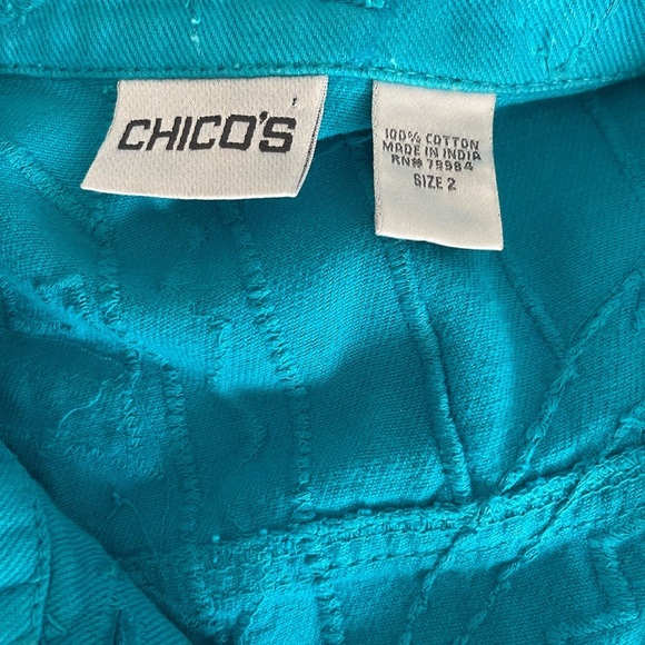 CHICO’S Women’s Teal Jacquard Button Up Long Sleeve 100% Cot Shirt Jacket-Size 2 - Picture 3 of 5